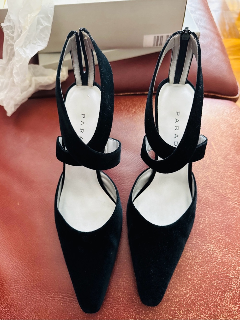 PARADE Black Suede Pointed-Toe Slingback Heels with Ankle Strap and Heel Zipper